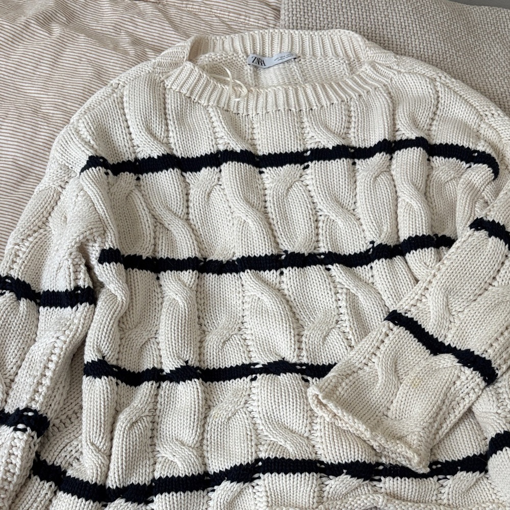 Zara Navy and Cream Striped Cable Knit Sweater